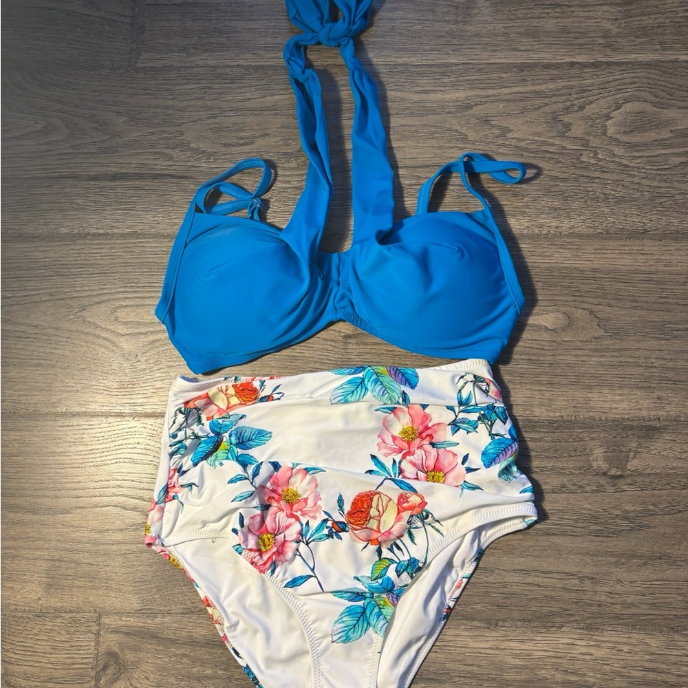 Blue Bikini Top with Floral High-Waisted Bottoms